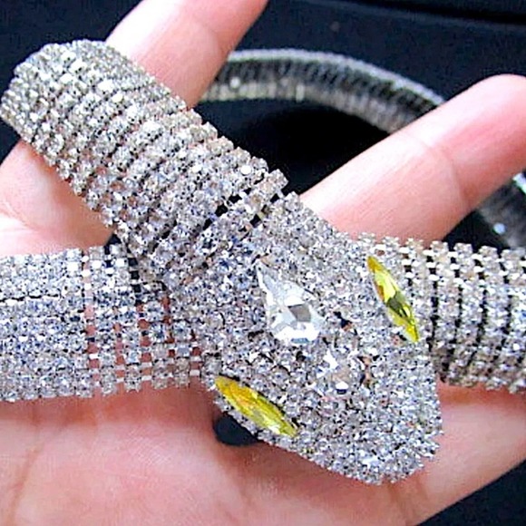 Vintage Glamorous White Gold Plated Crystal Cubic Zircon Snake Viper Necklace - Picture 6 of 8
